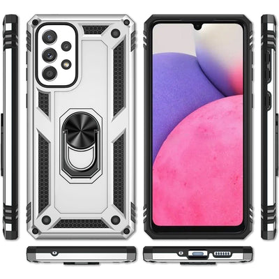 NALIA Panzerhülle für Samsung Galaxy A33 – Ring-Ständer 360° & Magnet-Halterung Kompatibel – RINGDEFEND (Stoßfestes Outdoor Case) – Marke aus Berlin Silber NALIA Outdoor Hülle