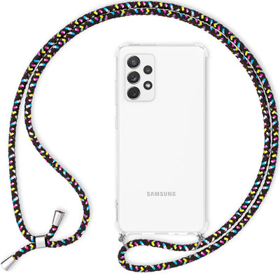 NALIA Handykette für Samsung Galaxy A33 – Transparentes Hybrid-Case & Band – HANGIT (Anti-Gelb Rückseite & Verstellbar) – Marke aus Berlin Schwarz Bunt NALIA Transparente Hülle