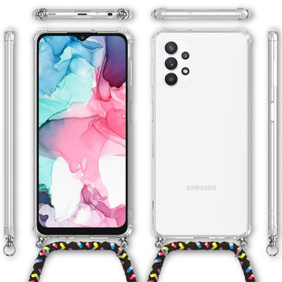 NALIA Handykette für Samsung Galaxy A13 / A13 5G – Transparentes Hybrid-Case & Band – HANGIT (Anti-Gelb Rückseite & Verstellbar) – Marke aus Berlin Schwarz Bunt NALIA Transparente Hülle