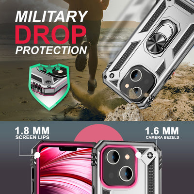 NALIA Panzerhülle für iPhone 14 – Ring-Ständer 360° & Magnet-Halterung Kompatibel – RINGDEFEND (Stoßfestes Outdoor Case) – Marke aus Berlin Silber NALIA Protective Hülle