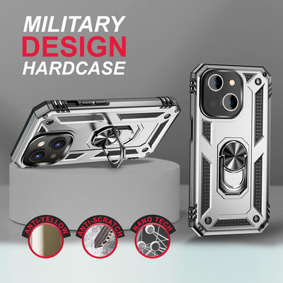 NALIA Panzerhülle für iPhone 14 – Ring-Ständer 360° & Magnet-Halterung Kompatibel – RINGDEFEND (Stoßfestes Outdoor Case) – Marke aus Berlin Silber NALIA Protective Hülle