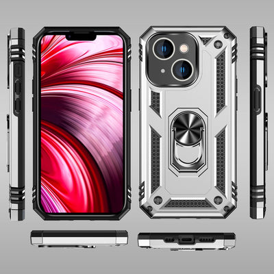 NALIA Panzerhülle für iPhone 14 – Ring-Ständer 360° & Magnet-Halterung Kompatibel – RINGDEFEND (Stoßfestes Outdoor Case) – Marke aus Berlin Silber NALIA Protective Hülle