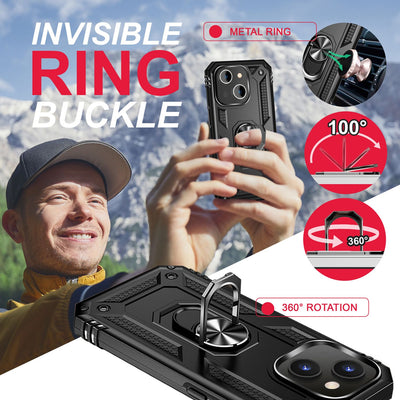 NALIA Panzerhülle für iPhone 14 Plus – Ring-Ständer 360° & Magnet-Halterung Kompatibel – RINGDEFEND (Stoßfestes Outdoor Case) – Marke aus Berlin Schwarz NALIA Protective Hülle