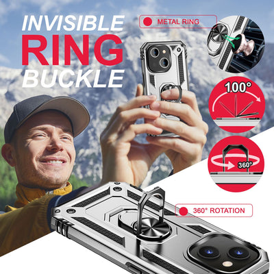 NALIA Panzerhülle für iPhone 14 Plus – Ring-Ständer 360° & Magnet-Halterung Kompatibel – RINGDEFEND (Stoßfestes Outdoor Case) – Marke aus Berlin Silber NALIA Protective Hülle
