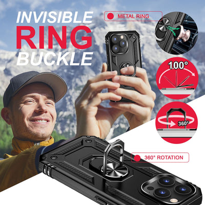 NALIA Panzerhülle für iPhone 14 Pro – Ring-Ständer 360° & Magnet-Halterung Kompatibel – RINGDEFEND (Stoßfestes Outdoor Case) – Marke aus Berlin Schwarz NALIA Protective Hülle