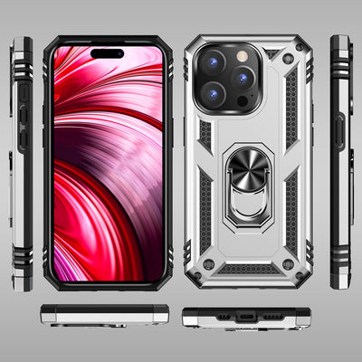 NALIA Panzerhülle für iPhone 14 Pro – Ring-Ständer 360° & Magnet-Halterung Kompatibel – RINGDEFEND (Stoßfestes Outdoor Case) – Marke aus Berlin Silber NALIA Protective Hülle