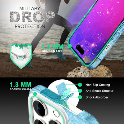NALIA Glitzerhülle für iPhone 14 Pro – Funkelnder Glitzer-Look & Grip – SHINEPOP (Silikon Case) – Marke aus Berlin Blau NALIA Protective Hülle