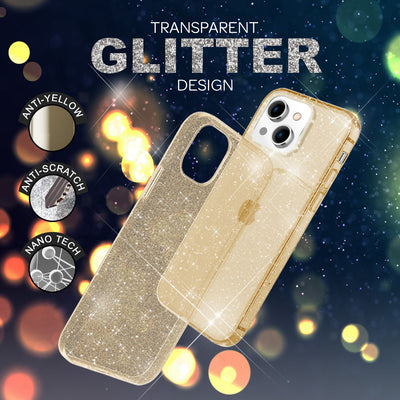 NALIA Glitzerhülle für iPhone 14 Plus – Funkelndes Silikon Case – DAZZLIN (Transparent & Stoßfest) – Marke aus Berlin Gold NALIA Transparente Hülle