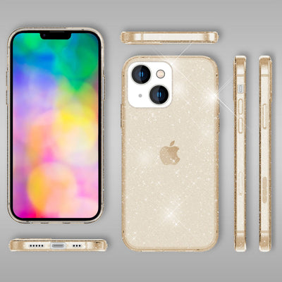 NALIA Glitzerhülle für iPhone 14 Plus – Funkelndes Silikon Case – DAZZLIN (Transparent & Stoßfest) – Marke aus Berlin Gold NALIA Transparente Hülle