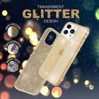 NALIA Glitzerhülle für iPhone 14 Pro – Funkelndes Silikon Case – DAZZLIN (Transparent & Stoßfest) – Marke aus Berlin Gold NALIA Transparente Hülle