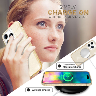 NALIA Glitzerhülle für iPhone 14 Pro – Funkelndes Silikon Case – DAZZLIN (Transparent & Stoßfest) – Marke aus Berlin Gold NALIA Transparente Hülle