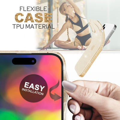 NALIA Glitzerhülle für iPhone 14 Pro – Funkelndes Silikon Case – DAZZLIN (Transparent & Stoßfest) – Marke aus Berlin Gold NALIA Transparente Hülle