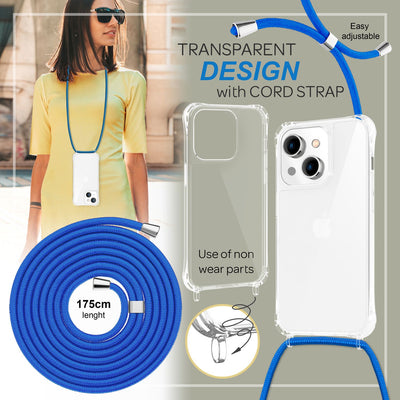 NALIA Handykette für iPhone 14 – Transparentes Hybrid-Case & Band – HANGIT PRO (Anti-Gelb Rückseite & Verstellbar) – Marke aus Berlin Blau NALIA Transparente Hülle