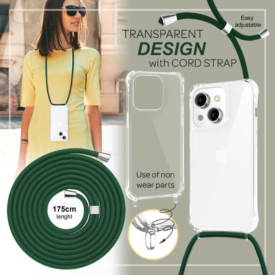 NALIA Handykette für iPhone 14 – Transparentes Hybrid-Case & Band – HANGIT PRO (Anti-Gelb Rückseite & Verstellbar) – Marke aus Berlin Dunkel-Grün NALIA Transparente Hülle