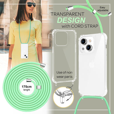 NALIA Handykette für iPhone 14 – Transparentes Hybrid-Case & Band – HANGIT PRO (Anti-Gelb Rückseite & Verstellbar) – Marke aus Berlin Mint-Grün NALIA Transparente Hülle