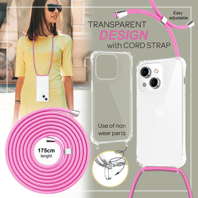 NALIA Handykette für iPhone 14 – Transparentes Hybrid-Case & Band – HANGIT PRO (Anti-Gelb Rückseite & Verstellbar) – Marke aus Berlin Pink NALIA Transparente Hülle
