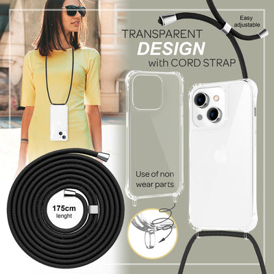 NALIA Handykette für iPhone 14 – Transparentes Hybrid-Case & Band – HANGIT PRO (Anti-Gelb Rückseite & Verstellbar) – Marke aus Berlin Schwarz NALIA Transparente Hülle