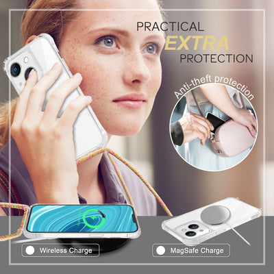 NALIA Handykette für iPhone 14 – Transparentes Hybrid-Case & Band – HANGIT PRO (Anti-Gelb Rückseite & Verstellbar) – Marke aus Berlin Regenbogen NALIA Transparente Hülle
