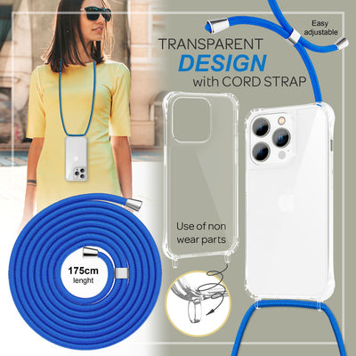 NALIA Handykette für iPhone 14 Pro – Transparentes Hybrid-Case & Band – HANGIT PRO (Anti-Gelb Rückseite & Verstellbar) – Marke aus Berlin Blau NALIA Transparente Hülle