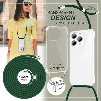 NALIA Handykette für iPhone 14 Pro – Transparentes Hybrid-Case & Band – HANGIT PRO (Anti-Gelb Rückseite & Verstellbar) – Marke aus Berlin Dunkel-Grün NALIA Transparente Hülle