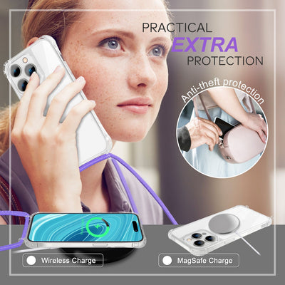 NALIA Handykette für iPhone 14 Pro – Transparentes Hybrid-Case & Band – HANGIT PRO (Anti-Gelb Rückseite & Verstellbar) – Marke aus Berlin Lila NALIA Transparente Hülle