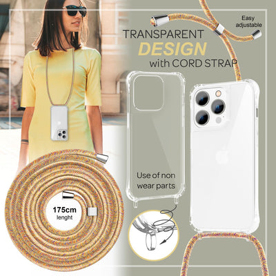 NALIA Handykette für iPhone 14 Pro – Transparentes Hybrid-Case & Band – HANGIT PRO (Anti-Gelb Rückseite & Verstellbar) – Marke aus Berlin Regenbogen NALIA Transparente Hülle