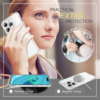NALIA Handykette für iPhone 14 Pro – Transparentes Hybrid-Case & Band – HANGIT PRO (Anti-Gelb Rückseite & Verstellbar) – Marke aus Berlin Regenbogen NALIA Transparente Hülle