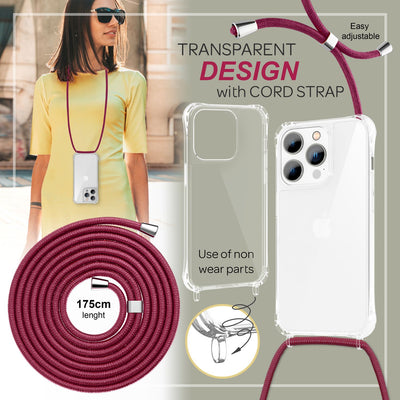 NALIA Handykette für iPhone 14 Pro – Transparentes Hybrid-Case & Band – HANGIT PRO (Anti-Gelb Rückseite & Verstellbar) – Marke aus Berlin Rot NALIA Transparente Hülle