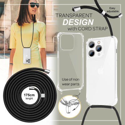 NALIA Handykette für iPhone 14 Pro – Transparentes Hybrid-Case & Band – HANGIT PRO (Anti-Gelb Rückseite & Verstellbar) – Marke aus Berlin Schwarz NALIA Transparente Hülle