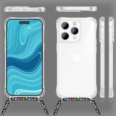 NALIA Handykette für iPhone 14 Pro – Transparentes Hybrid-Case & Band – HANGIT PRO (Anti-Gelb Rückseite & Verstellbar) – Marke aus Berlin Schwarz Bunt NALIA Transparente Hülle