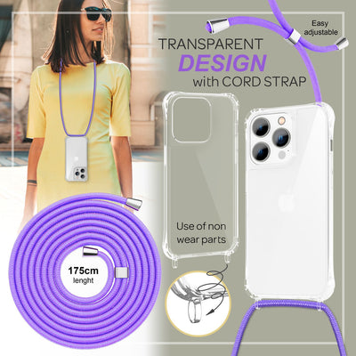 NALIA Handykette für iPhone 14 Pro Max – Transparentes Hybrid-Case & Band – HANGIT PRO (Anti-Gelb Rückseite & Verstellbar) – Marke aus Berlin Lila NALIA Transparente Hülle