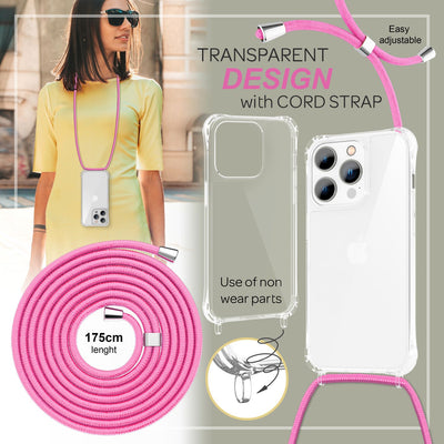 NALIA Handykette für iPhone 14 Pro Max – Transparentes Hybrid-Case & Band – HANGIT PRO (Anti-Gelb Rückseite & Verstellbar) – Marke aus Berlin Pink NALIA Transparente Hülle