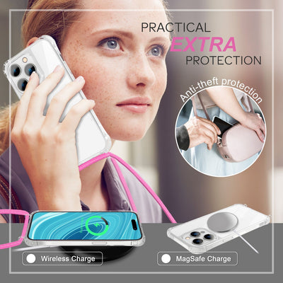 NALIA Handykette für iPhone 14 Pro Max – Transparentes Hybrid-Case & Band – HANGIT PRO (Anti-Gelb Rückseite & Verstellbar) – Marke aus Berlin Pink NALIA Transparente Hülle