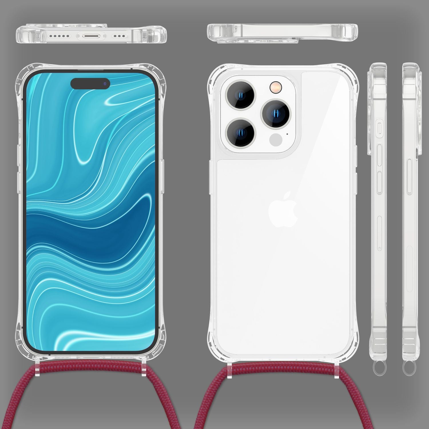 Hülle mit Kette für iPhone 14 Pro Max - Klare Handyhülle mit Band zum Umhängen Rot NALIA Transparente Hülle