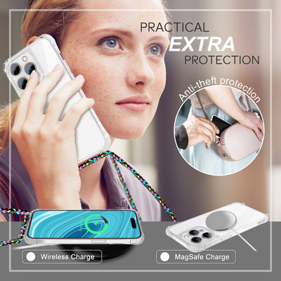 NALIA Handykette für iPhone 14 Pro Max – Transparentes Hybrid-Case & Band – HANGIT PRO (Anti-Gelb Rückseite & Verstellbar) – Marke aus Berlin Schwarz Bunt NALIA Transparente Hülle