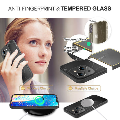 NALIA Marmor Glas Case für iPhone 14 – Robustes 9H Echtglas – MARBELLE (Silikon Bumper & Grip) – Marke aus Berlin Schwarz NALIA Protective Hülle