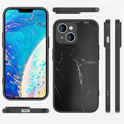 NALIA Marmor Glas Case für iPhone 14 – Robustes 9H Echtglas – MARBELLE (Silikon Bumper & Grip) – Marke aus Berlin Schwarz NALIA Protective Hülle