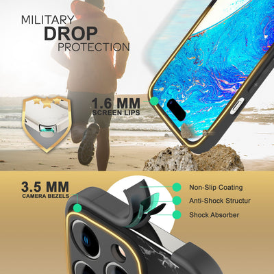 NALIA Marmor Glas Case für iPhone 14 Pro – Robustes 9H Echtglas – MARBELLE (Silikon Bumper & Grip) – Marke aus Berlin Schwarz NALIA Protective Hülle