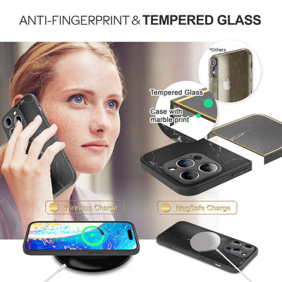 NALIA Marmor Glas Case für iPhone 14 Pro – Robustes 9H Echtglas – MARBELLE (Silikon Bumper & Grip) – Marke aus Berlin Schwarz NALIA Protective Hülle