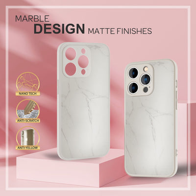 NALIA Marmor Glas Case für iPhone 14 Pro – Robustes 9H Echtglas – MARBELLE (Silikon Bumper & Grip) – Marke aus Berlin Weiß NALIA Protective Hülle