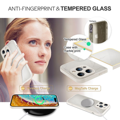 NALIA Marmor Glas Case für iPhone 14 Pro – Robustes 9H Echtglas – MARBELLE (Silikon Bumper & Grip) – Marke aus Berlin Weiß NALIA Protective Hülle