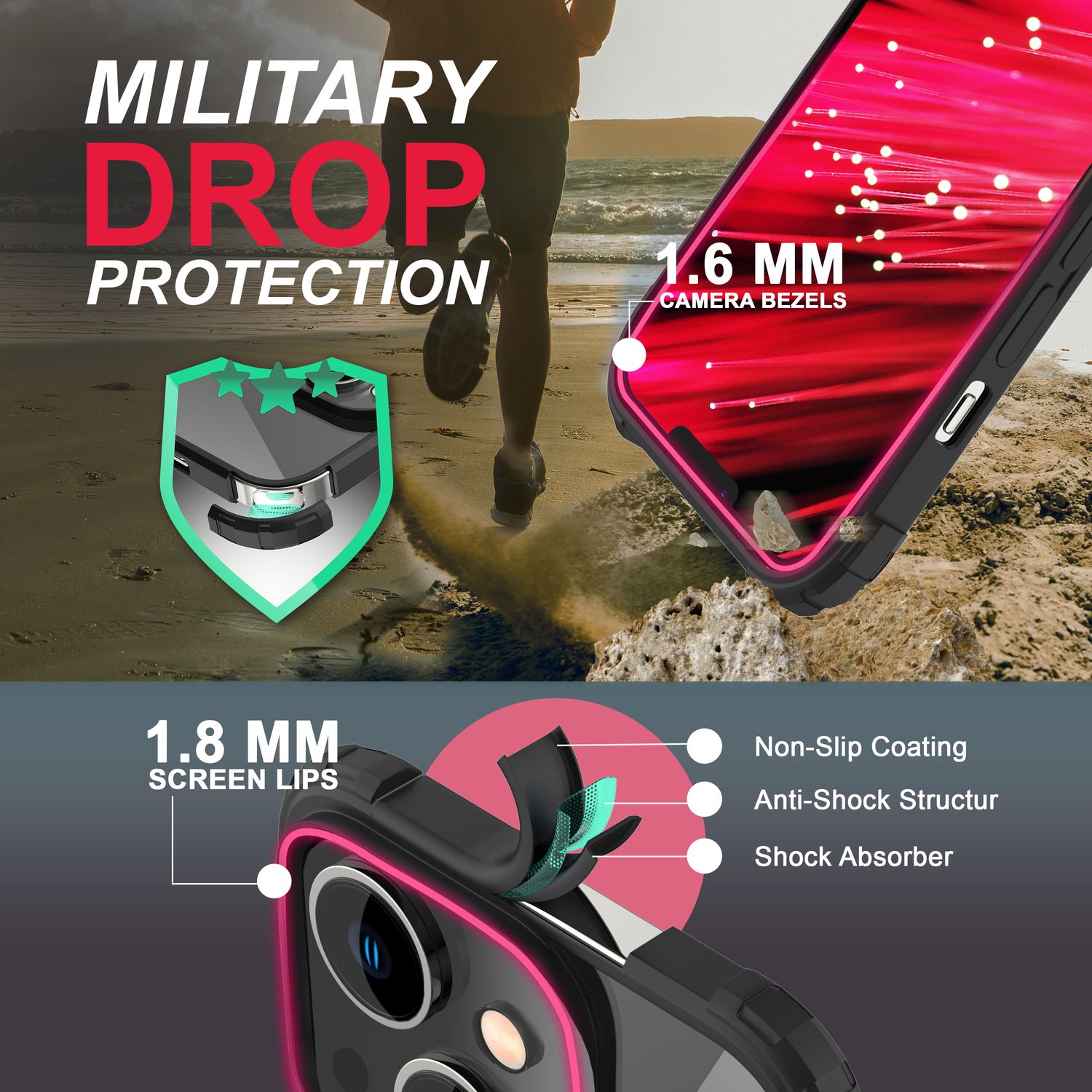 Ring Hülle für iPhone 14 - Klar Transparent Schutz Rahmen 360° Ring Aufsteller Schwarz NALIA Protective Hülle