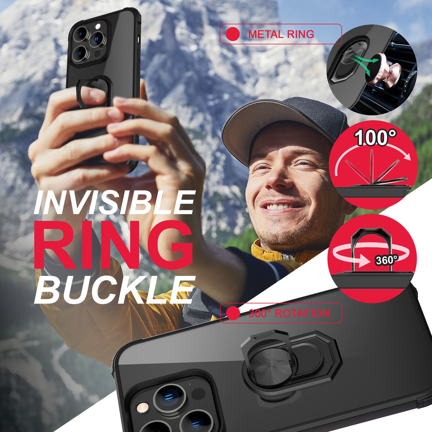 Ring Hülle für iPhone 14 Pro - Klar Transparent Schutz Rahmen 360° Ring Ständer Schwarz NALIA Protective Hülle