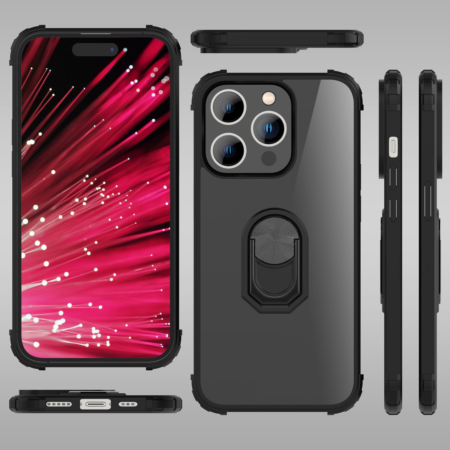 Ring Hülle für iPhone 14 Pro - Klar Transparent Schutz Rahmen 360° Ring Ständer Schwarz NALIA Protective Hülle