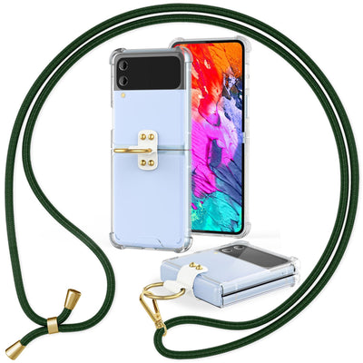 NALIA Klare Handyhülle mit Kette kompatibel mit Samsung Galaxy Z Flip4 Hülle, Transparente Schutzhülle mit Ring & Handy-Schnur zum Umhängen, Robuste Harte Rückseite & Silikon-Rand Dunkel-Grün NALIA Transparente Hülle