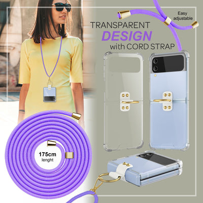 NALIA Klare Handyhülle mit Kette kompatibel mit Samsung Galaxy Z Flip4 Hülle, Transparente Schutzhülle mit Ring & Handy-Schnur zum Umhängen, Robuste Harte Rückseite & Silikon-Rand Lila NALIA Transparente Hülle