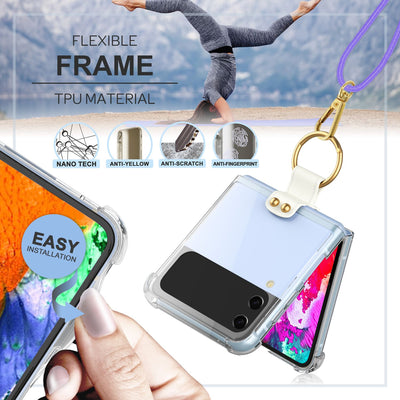 NALIA Klare Handyhülle mit Kette kompatibel mit Samsung Galaxy Z Flip4 Hülle, Transparente Schutzhülle mit Ring & Handy-Schnur zum Umhängen, Robuste Harte Rückseite & Silikon-Rand Lila NALIA Transparente Hülle