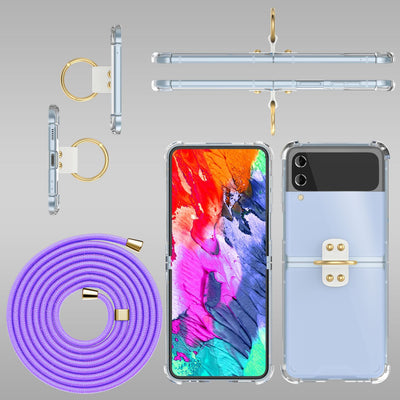 NALIA Klare Handyhülle mit Kette kompatibel mit Samsung Galaxy Z Flip4 Hülle, Transparente Schutzhülle mit Ring & Handy-Schnur zum Umhängen, Robuste Harte Rückseite & Silikon-Rand Lila NALIA Transparente Hülle