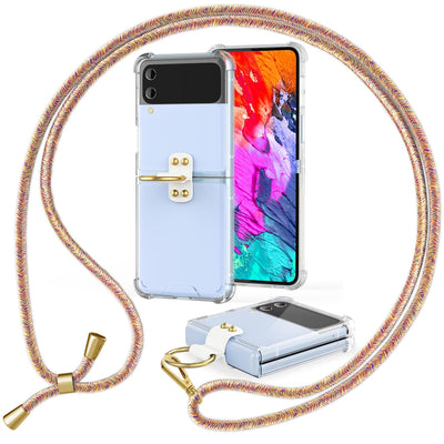 NALIA Klare Handyhülle mit Kette kompatibel mit Samsung Galaxy Z Flip4 Hülle, Transparente Schutzhülle mit Ring & Handy-Schnur zum Umhängen, Robuste Harte Rückseite & Silikon-Rand Regenbogen NALIA Transparente Hülle