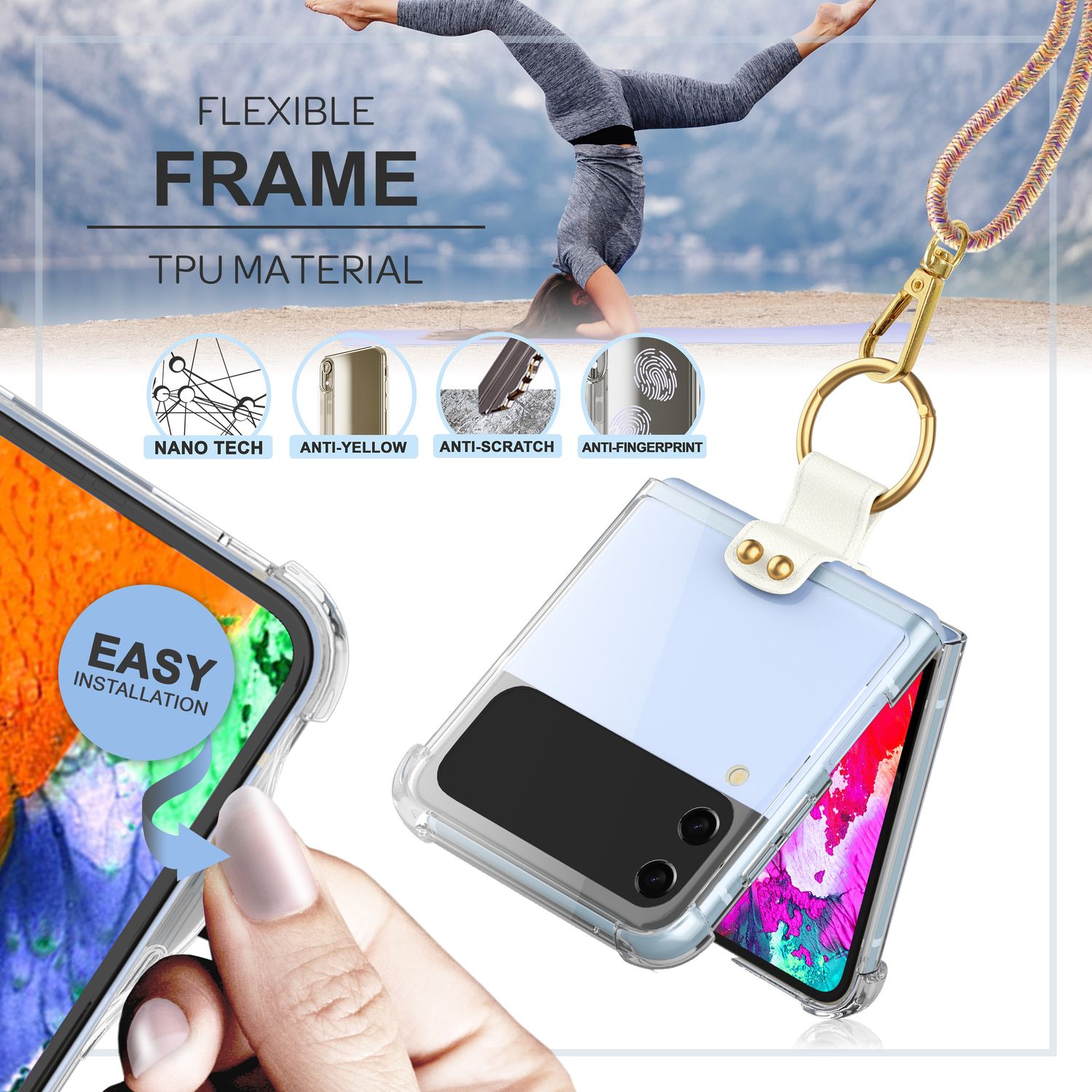 Umhänge Hülle für Samsung Galaxy Z Flip4 Klare Schutzhülle mit Band Schnur Ring Regenbogen NALIA
